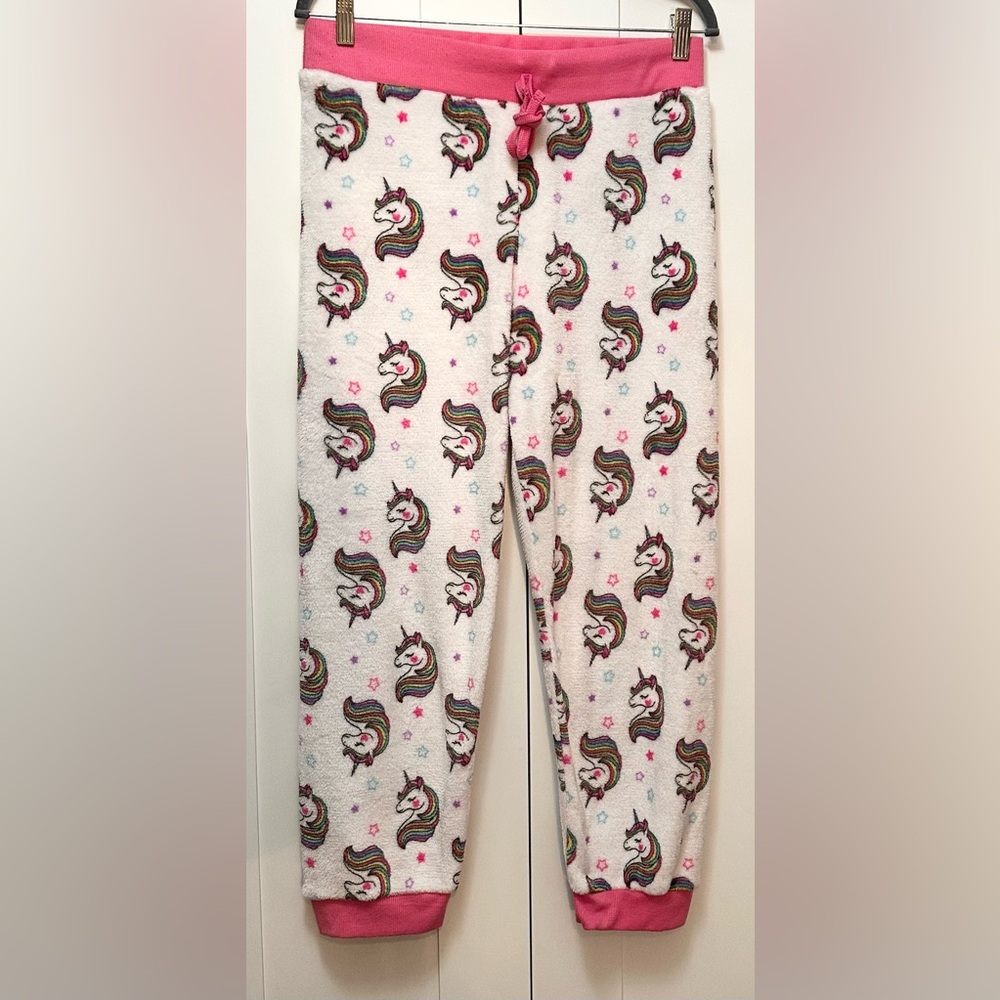 Unicorn Jogger PJ Lounge Pants Pink With Multi Color Ultra Soft Fleece Sz M NEW!